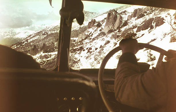 Vintage image inside a truck on a snowy environment. Vintage original slide