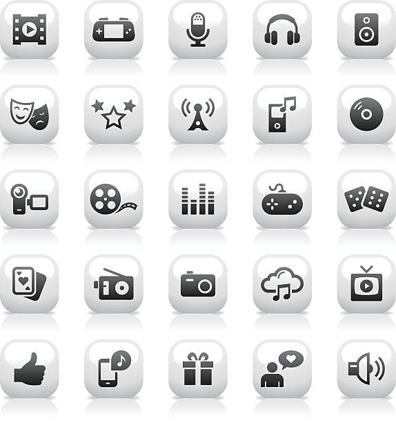 ilustraciones, imágenes clip art, dibujos animados e iconos de stock de conjunto de iconos blancos botón/entretenimiento - multimedia gamepad television photograph
