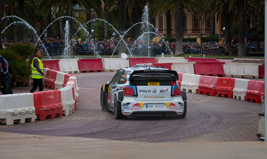 Salou, Spain - October 24, 2015: WRC car of the Team Volkswagen Polo R, with driver Andreas Mikkelsen and his co-driver Ola Fløene Stage from the 51th Rally of Spain