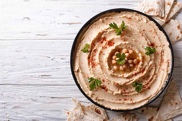 Classic hummus and pita bread. horizontal top view Classic hummus with parsley on the plate and pita bread. horizontal top view spread food stock pictures, royalty-free photos & images