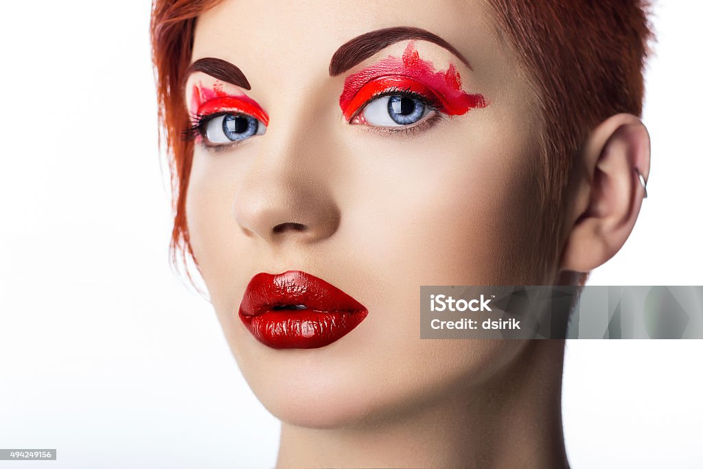 Fashion glamor portrait of beautiful sexy  Caucasian young woman model High fashion look.glamor closeup portrait of beautiful sexy stylish  Caucasian young woman model with bright makeup, with red lips. 2015 Stock Photo