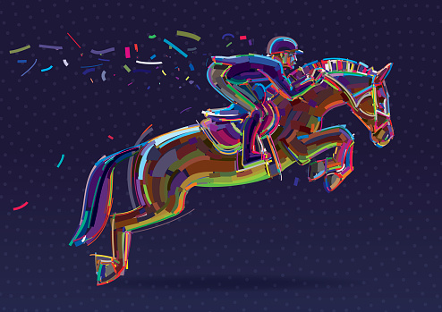 Equestrian sport- rider in jumping show. Vector artwork in the style of paint strokes.