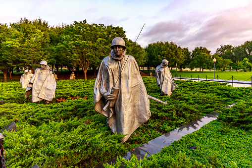 Washington DC, USA - July 07, 2015: Stainless Steel Statutes of soldiers in Korean War Veterans Memorial, Washington DC.