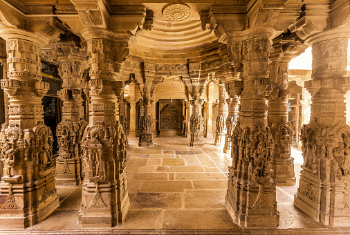 Jain temples complex in Jaisalmer Rajasthan India.  These buildings are built in the Dilwara style and are dedicated to Rikhabdevji and Shambhavdev Ji, the Jain hermits known as 'Tirthankars'. All of them have beautiful crafted carvings of yellow sandstones.Build from the 12th to the 15th century, this religious buildings are located within the Jaisalmer Fort.