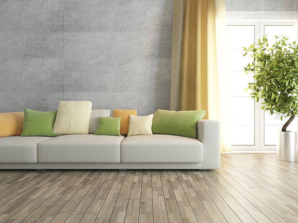 living room with concrete wall rendering stock photo