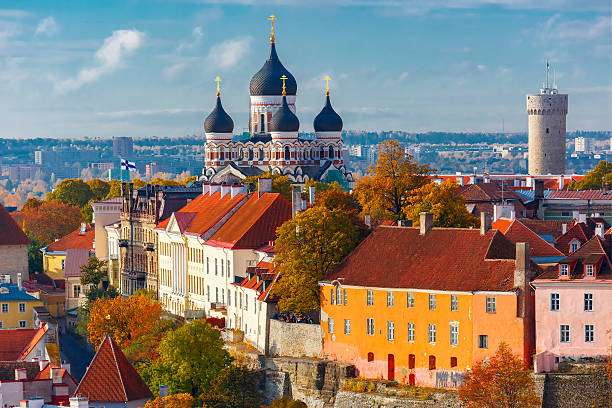 Aerial view old town, Tallinn, Estonia Toompea hill with tower Pikk Hermann and Russian Orthodox Alexander Nevsky Cathedral, view from the tower of St. Olaf church, Tallinn, Estonia estonia photos stock pictures, royalty-free photos & images