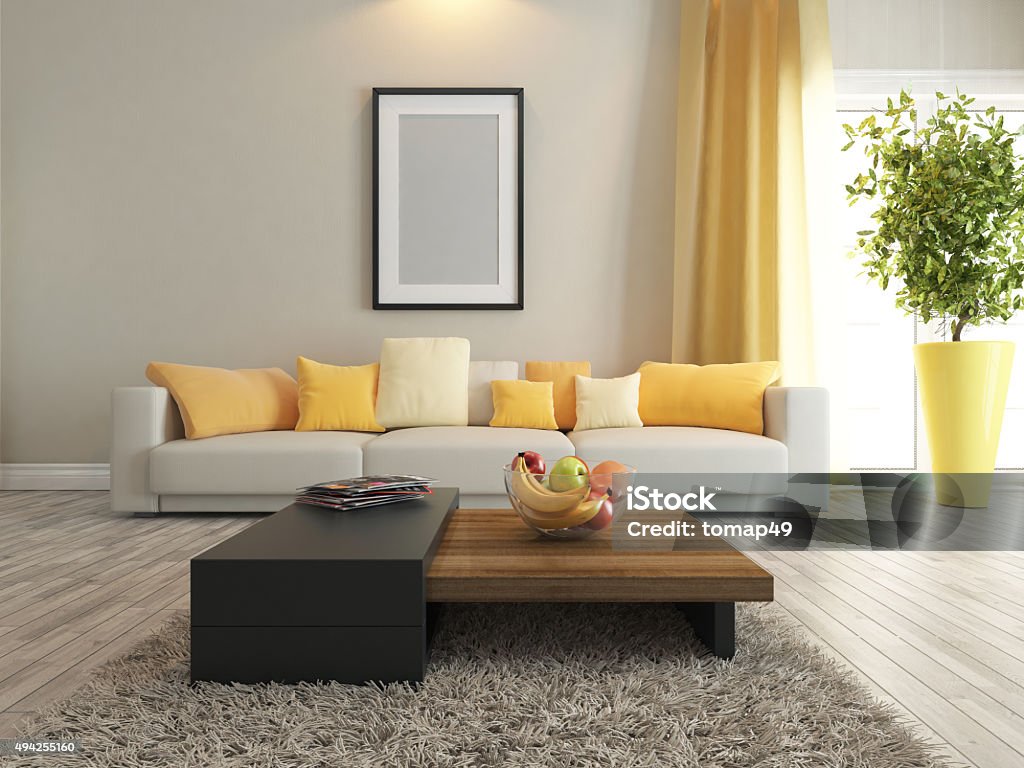 living room or saloon interior design rendering modern interior design with carpet and stand Yellow Stock Photo