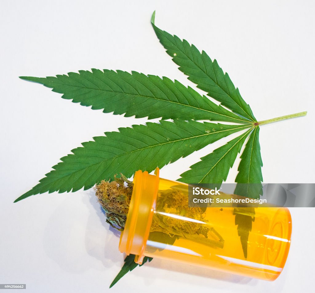 Marijuana and Prescription Bottle Marijuana leaf, dried marijuana, and prescription bottle (concept: medical marijuana). 2015 Stock Photo
