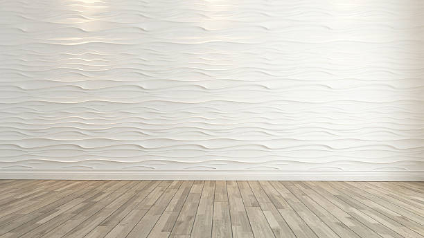 wave wall decoration with wooden floor rendering stock photo