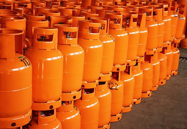 LPG Gas Bottles. LPG plant stock photo