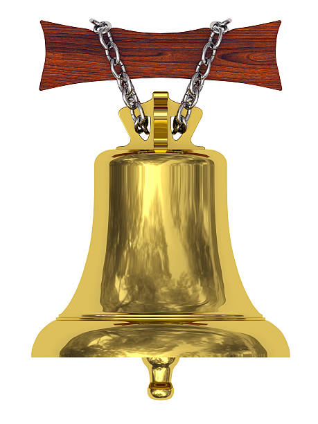 istock Golden ship's bell suspended on wooden board by silver chain 494257400