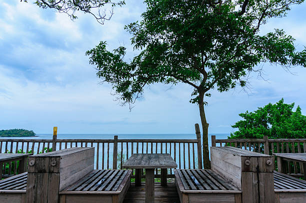 istock Dining Table at Food terrace showing seaview 494257451