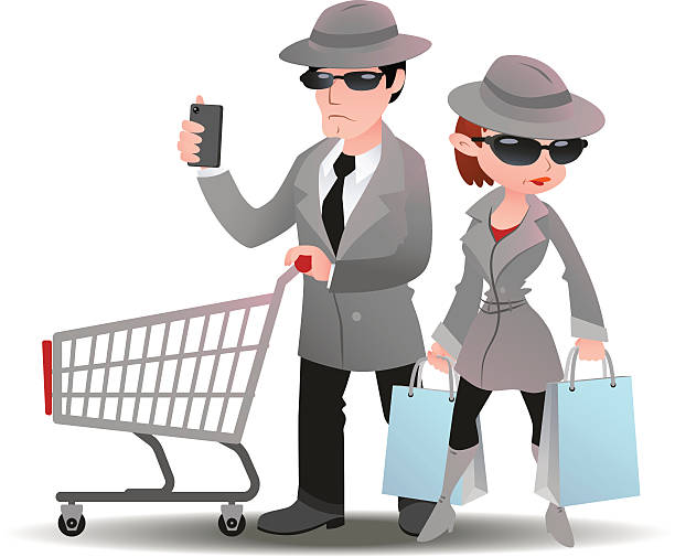 mystery shopper mann mit shopping cart-telefon und frau tasche - decisions customer business asking stock-grafiken, -clipart, -cartoons und -symbole