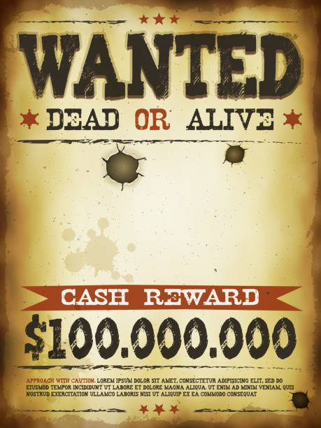 Wanted Vintage Western Poster Vector illustration of a vintage old wanted placard poster template, with dead or alive inscription, cash reward like in far west and western movies. File is EPS10 and uses multiply transparency at 100% on gradient mesh frame background layers, grunge frame, stains, dirt effects and wanted texts, and overlay transparency on grunge texture upon wanted text. Vector eps and high resolution jpeg files included bounty hunter stock illustrations