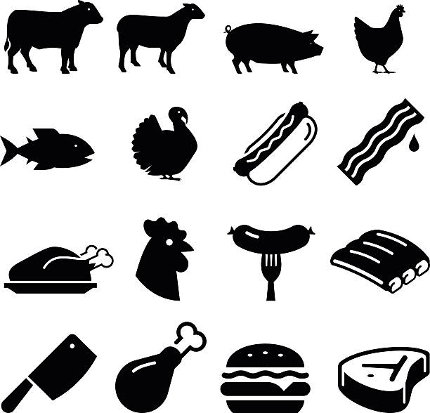 ilustraciones, imágenes clip art, dibujos animados e iconos de stock de carnes iconos de la serie black - butcher meat butchers shop steak