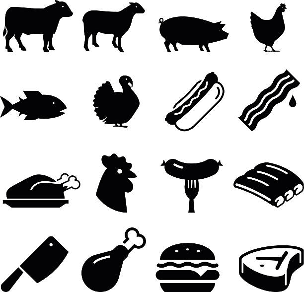 illustrazioni stock, clip art, cartoni animati e icone di tendenza di serie di icone-nero di carne - turkey burger