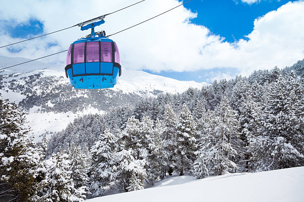 Overhead cable car and summer landscape - green forest and snowcapped mountains on background