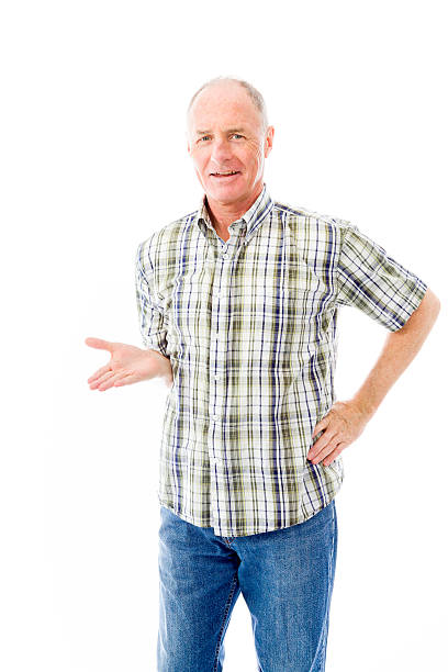 istock Senior man showing product with open hand palm 494260059