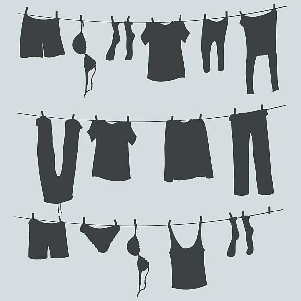 illustrations, cliparts, dessins animés et icônes de vector silhouettes de blanchisserie sur une corde - bra lingerie clothesline underwear