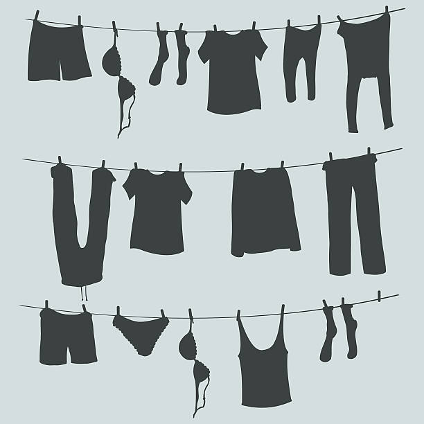 벡터 실루엣 세탁 한 로프 - bra lingerie clothesline underwear stock illustrations