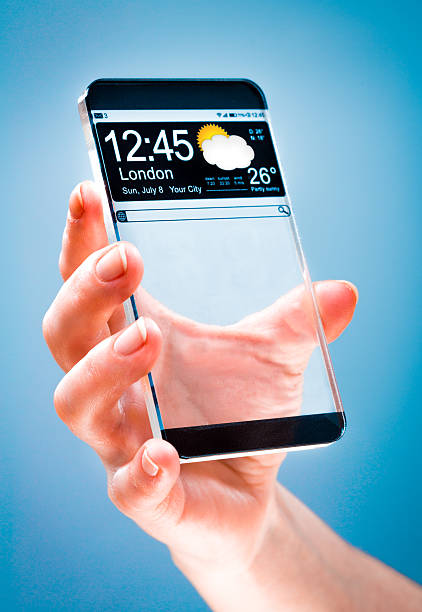 istock Smartphone with transparent screen in human hands. 494260503