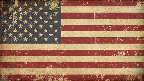 Illustration of an rusty, grunge, aged American flag.