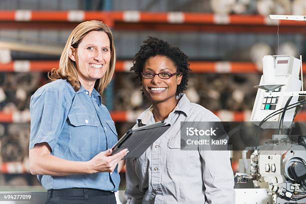 Female Workers In Factory Stock Photo - Download Image Now - Happiness, Manufacturing Occupation, Manufacturing