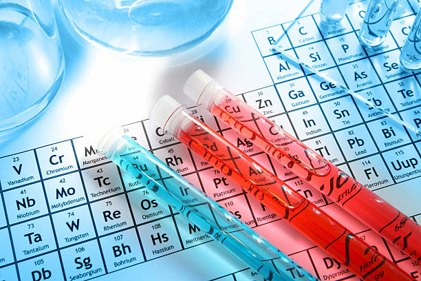 chemie forschung labor ausrüstung, glas, reagenzgläser, element periodensystem der elemente - periodensystem der chemischen elemente stock-fotos und bilder