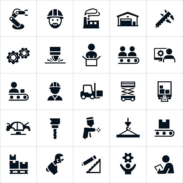 Manufacturing Icons Black manufacturing industry icons. The icons represent common manufacturing related themes including workers, factories, assembly lines, engineers, equipment and other symbols related to the manufacturing industry. storage device stock illustrations