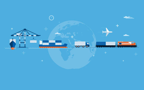 illustrazioni stock, clip art, cartoni animati e icone di tendenza di concetto di vettore di trasporto globale in tutto il mondo - cargo container derrick crane crane freight transportation