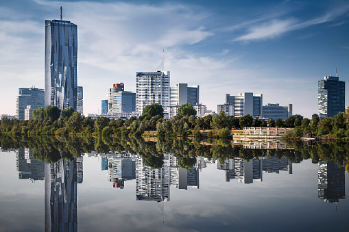 View of Vienna financial district cityscape with Danube river