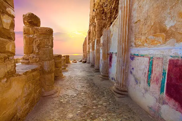 The ruins of the palace of King Herod's Masada at sunset. Israel.
