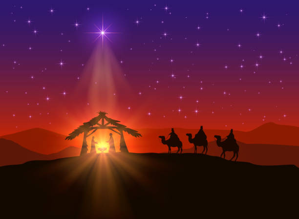 Christian background with Christmas star Christian background with Christmas star and birth of Jesus, illustration. praying child christianity family stock illustrations