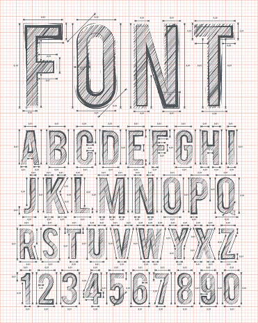 sketch alphabet font on red graph paper in vector format
