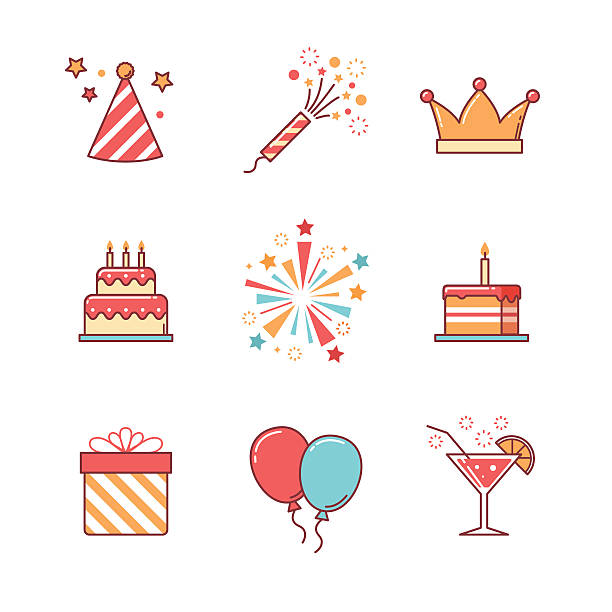 geburtstag dünne linie icons set - birthday first place cake symbol stock-grafiken, -clipart, -cartoons und -symbole