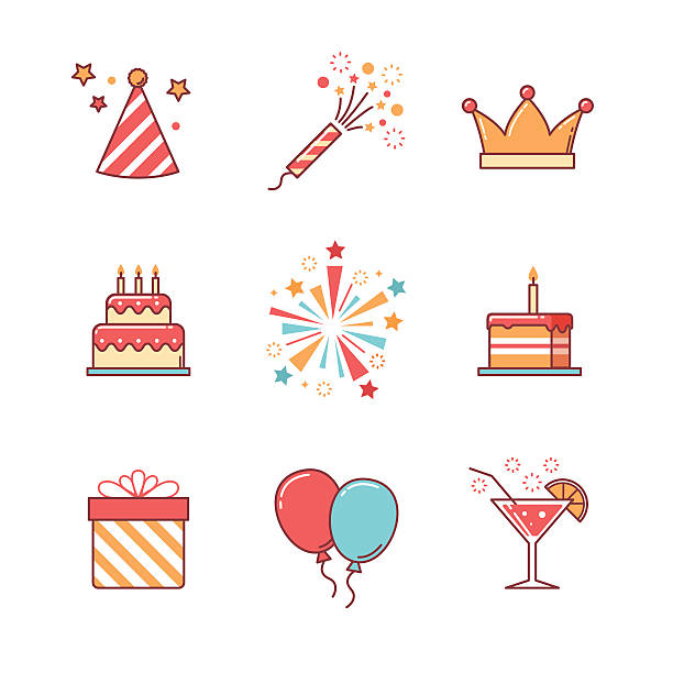 Birthday icons thin line set Birthday icons thin line set. Celebration event, cake and fireworks. Flat style color vector symbols isolated on white. party blower stock illustrations