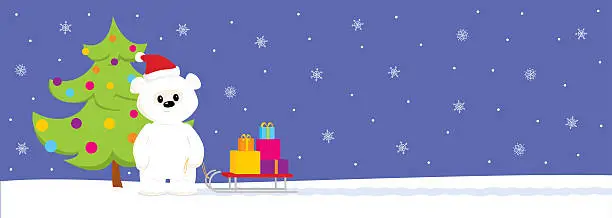 Vector illustration of White teddy with sled and Christmas tree. Long format