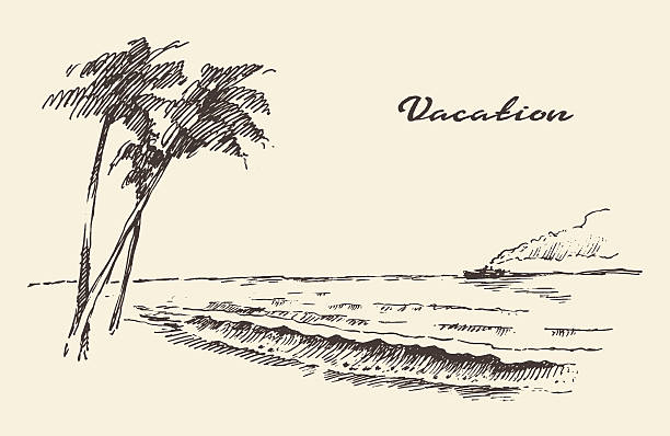 ilustrações, clipart, desenhos animados e ícones de desenho à mão desenho em cartaz de férias de praia à beira-mar - illustration and painting beach engraved image engraving