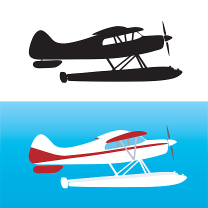 A vector silhouette illustration of two  seaplanes: one in black on a white background, the other in white and red on a sky blue background.
