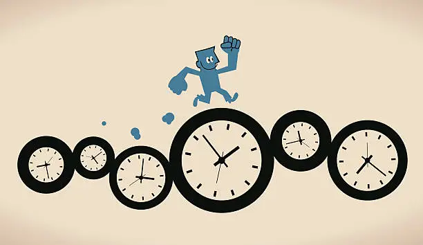 Vector illustration of Happy confident smiling businessman running on group of time clocks