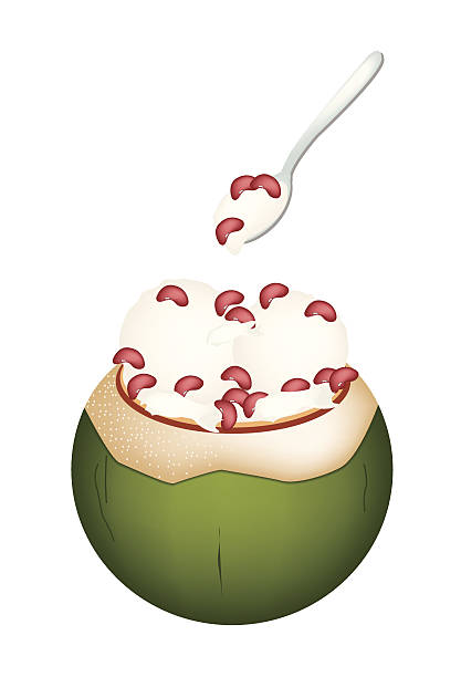 Coconut Ice Cream with Kidney Beans on White Background Sweet Food and Dessert, An Illustration of Coconut Ice Cream in Coconut Shell and Topped with Kidney Beans. red bean dessert stock illustrations