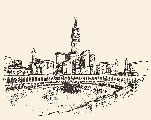 Vector illustration of Holy Kaaba Mecca Saudi Arabia muslim sketch