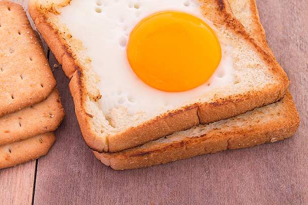 desayuno con huevos fritos, toasts en mesa de madera. - texas tea fotografías e imágenes de stock