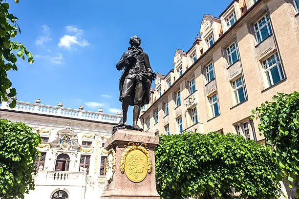 Monument of Johann Wolfgang Goethe in Leipzig (Saxony) in Germany. It's made in 1902 from C. L. Seffner (1861-1932) and stands in front of the old stock exchange. On the left side the old townhall from Leipzig.