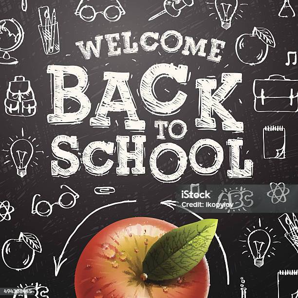 Welcome Back To School Background With Red Apple Stock Illustration - Download Image Now - Back to School, Chalkboard - Visual Aid, School Supplies