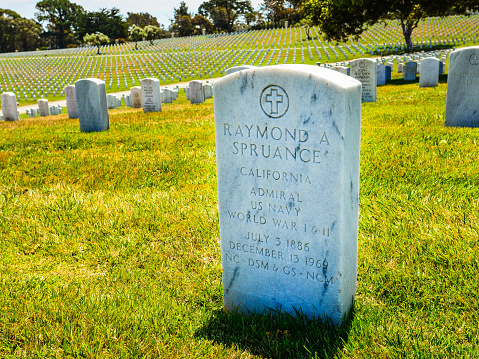 San Bruno, CA, USA - Jul. 18, 2015: Headstone,  Admiral Raymond Spruance. Admiral Spruance was a US Navy admiral in World War II, leading US naval forces in two significant battles in the Pacific theater.