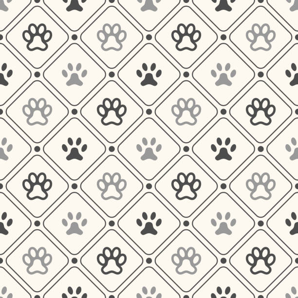 illustrazioni stock, clip art, cartoni animati e icone di tendenza di animale seamless pattern di impronta zampa nel telaio e pois - dog spotted purebred dog kennel