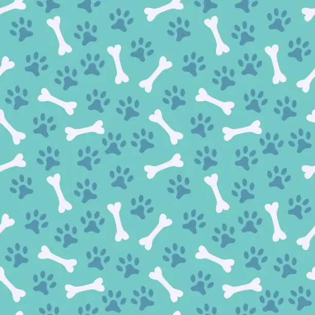 Vector illustration of Animal seamless vector pattern of paw footprint and bone. Endles