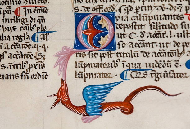 Drollery Drollery on the lower margin of a medieval manuscript, showing a dragon manuscript stock pictures, royalty-free photos & images