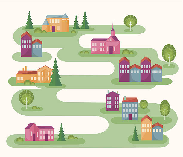 Small Town Cartoon illustration with abstract map of countryside. Rolling landscape with small village and trees. Colorful houses. Cute street in flat design. Architect concept. Vector file is EPS8, all elements are grouped. city map illustrations stock illustrations